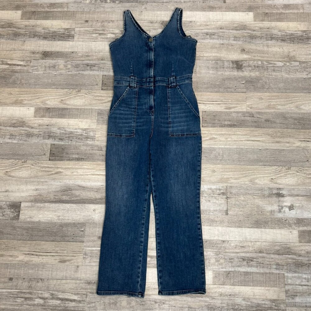 Reformation Indigo Denim Sleeveless Jumpsuit with Front Pockets